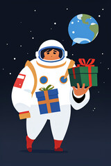 Christmas Astronaut with Gift in Minimal Flat Style