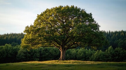 Fototapeta premium Isolated majestic tree on grassy field during sunny day.