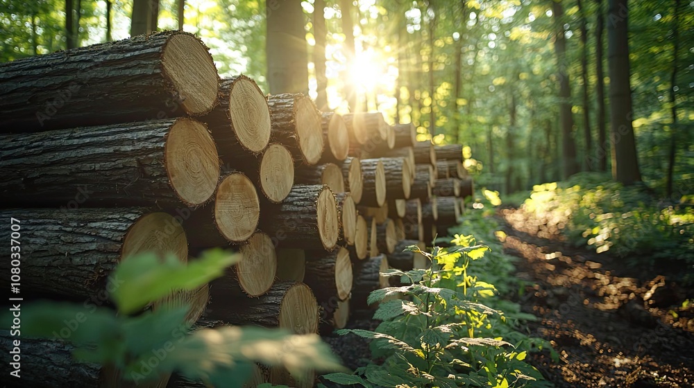 Aufkleber Sunlight filtering through trees over stacked logs in a serene forest.