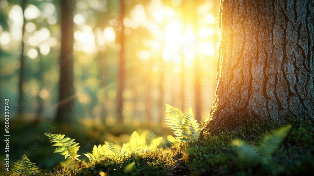 Poster Sunlight filtering through a forest, illuminating tree trunks and ferns.