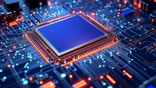 A computer chip is shown in a blue and red color scheme