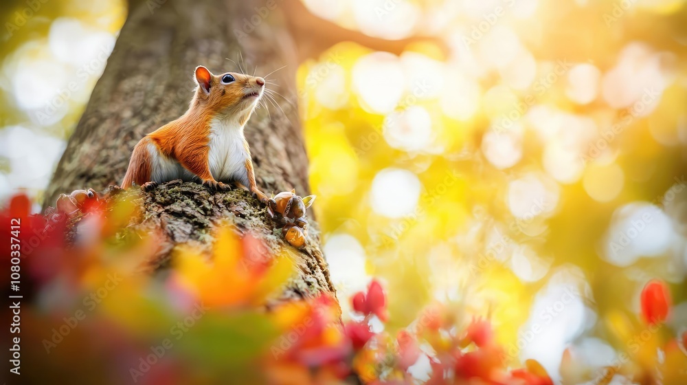 Poster squirrel perched on tree, surrounded by vibrant autumn leaves, soft sunlight filtering through.