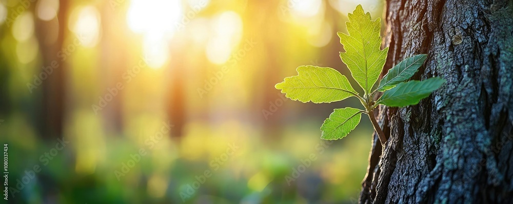 Poster close-up of a green leaf on a tree trunk in a sunlit forest atmosphere.