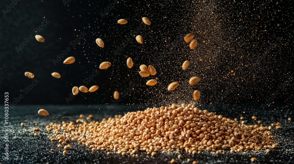 Poster wheat groats hover individually dark backdrop creating mesmerizing visual effect highlights their un