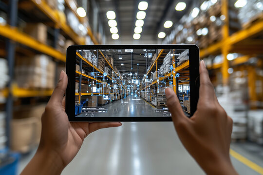 A person using tablet in warehouse, interacting with holographic data displays. scene captures blend of technology and logistics, showcasing modern approach to inventory management