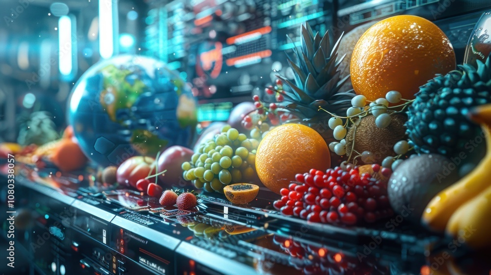 Poster a futuristic still life featuring an array of fruits and a globe in the background.