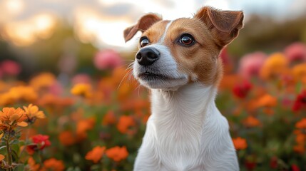 Curious Dog Amidst Soft Floral Background, A charming canine with an inquisitive gaze, surrounded by delicate blooms, inviting warmth and wonder.