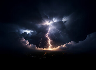 A powerful bolt of lightning illuminates the dark sky as storm clouds gather overhead. The lightning strikes in the distance, illuminating the landscape below.
