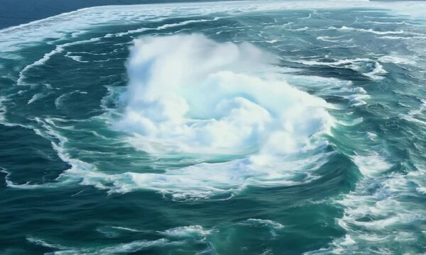 An aerial view of the ocean with a large swirling whirlpool in the middle.
