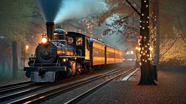 A vintage steam train chugs through a wintery landscape, illuminated by string lights on nearby trees