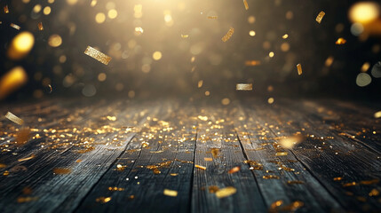 An anniversary background featuring dark wood textures and intricate gold embellishments, with soft light filtering through falling confetti, adding a touch of magic