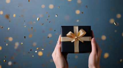 Elegant hands hold a luxurious gift box wrapped in golden ribbon against a blurred blue and silver...