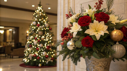Holiday floral arrangement with glowing candlelight for cozy winter ambiance