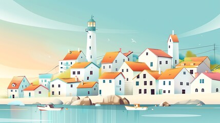 An illustration of a seaside village with a lighthouse.