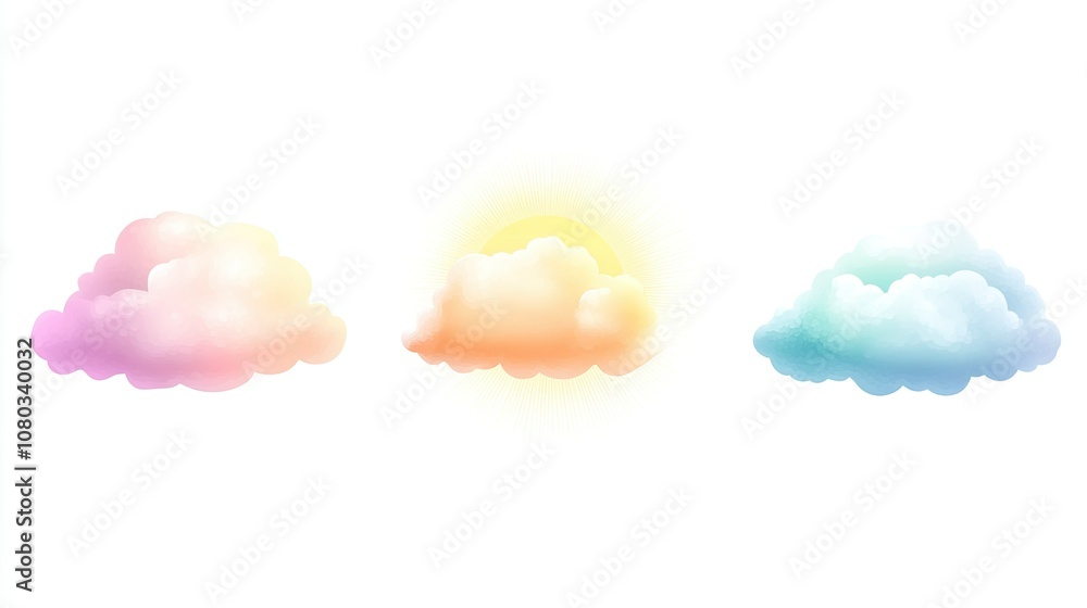 Aufkleber soft and colorful clouds with a gentle sunlight glow against a light background, ideal for backgroun
