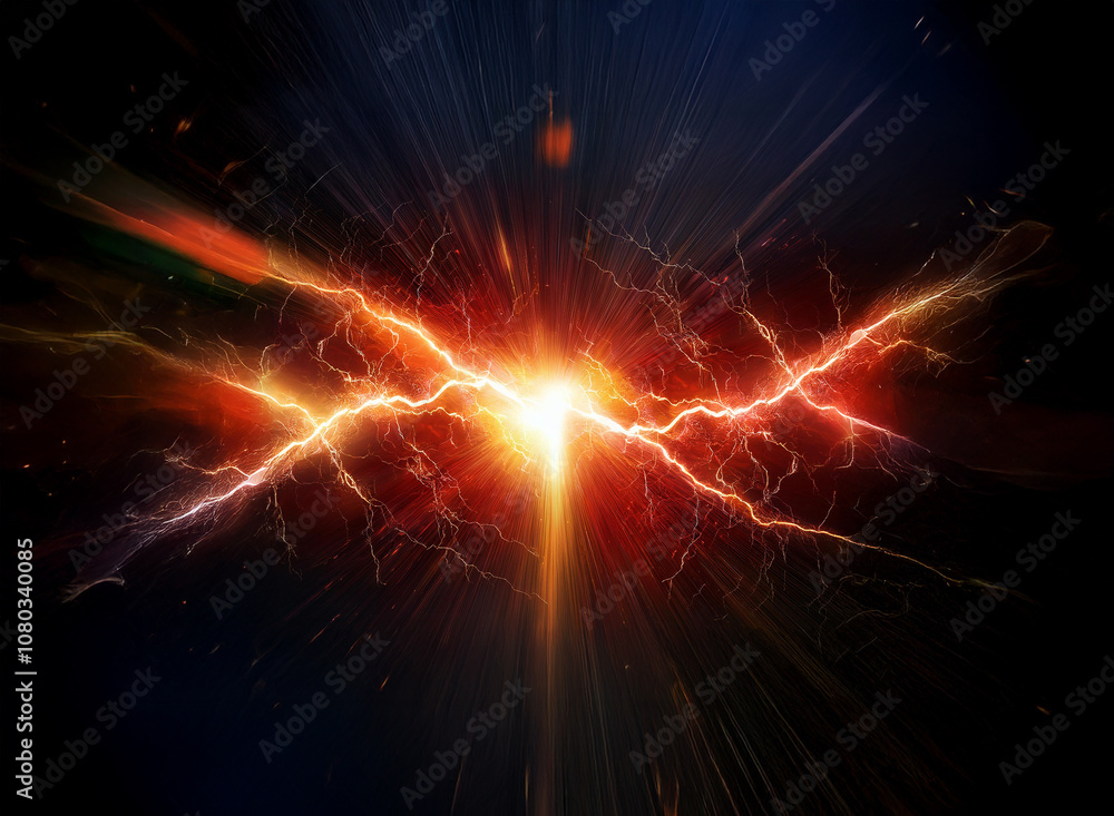 Poster a bright, fiery explosion with lightning bolts emanating from the center, surrounded by a dark backg