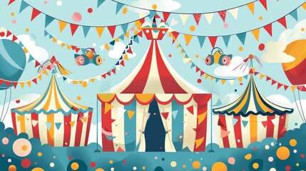 Fototapeta premium A cartoon illustration of a carnival with colorful tents, flags, and a hot air balloon.