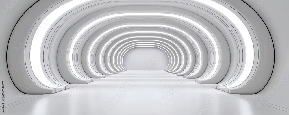 Poster futuristic corridor with smooth curves and bright lighting, white isolate background.