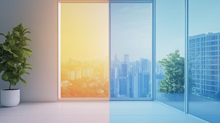 Fototapeta premium Aesthetic Split View of Urban Skyline Through Modern Windows, Blending Warm Sunrise and Cool Daylight, Showcasing Nature and City Life Harmony in Contemporary Interior
