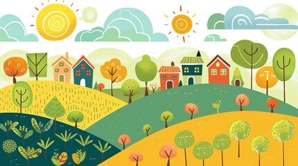 Naklejka premium A cartoon illustration of a colorful village in a green valley.