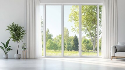 Bright and Airy Modern Living Room with Large Windows Overlooking a Lush Green Landscape, Inviting Nature Indoors in a Minimalist Design