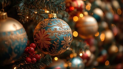 Ornate Christmas ornaments on a festive tree with warm lights.