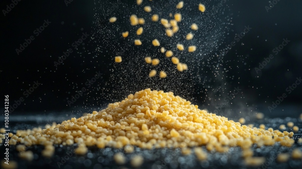 Poster yellow couscous groats are suspended mid air creating intricate display mound dark background emphas