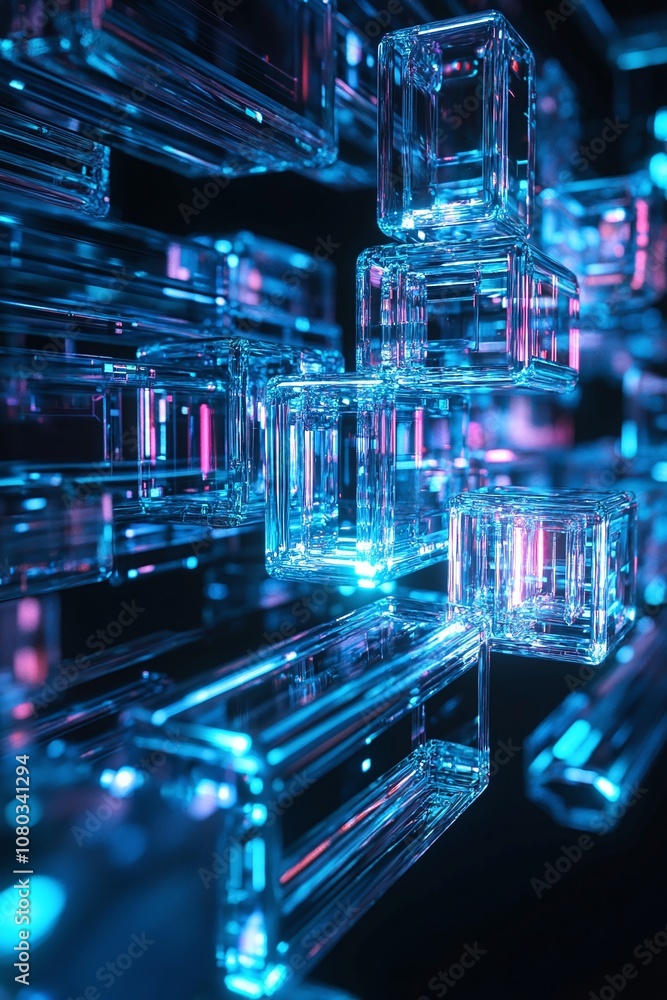 Poster abstract 3d visual of transparent blocks with neon blue and pink lighting creating a futuristic and 