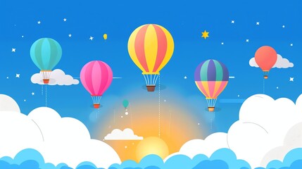 Obraz premium A cartoon illustration of several hot air balloons floating in a blue sky with white clouds.