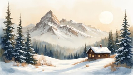 Watercolor drawing depicting a winter forest with snow-capped mountains and a wooden house on a light background.