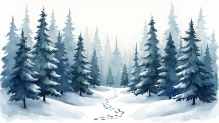 Watercolor drawing of a snow-covered forest in Scandinavian style. Drawing on a white background.