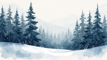 Watercolor drawing of a snow-covered forest in Scandinavian style. Drawing on a white background.