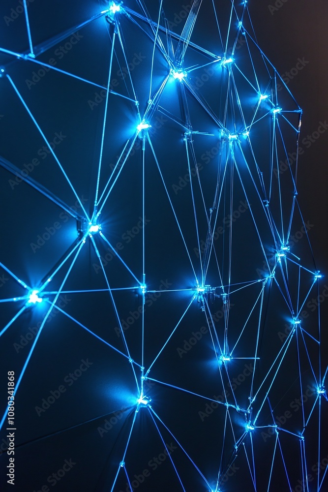 Poster abstract background of blue neon lights illuminating a network structure with interconnected lines a