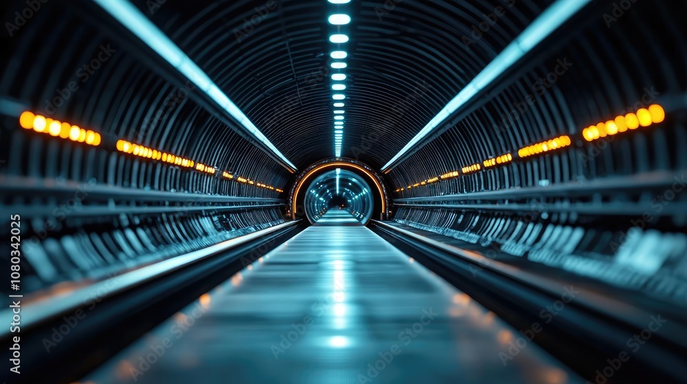 Poster futuristic tunnel view with illuminated walls and a sleek, smooth pathway.