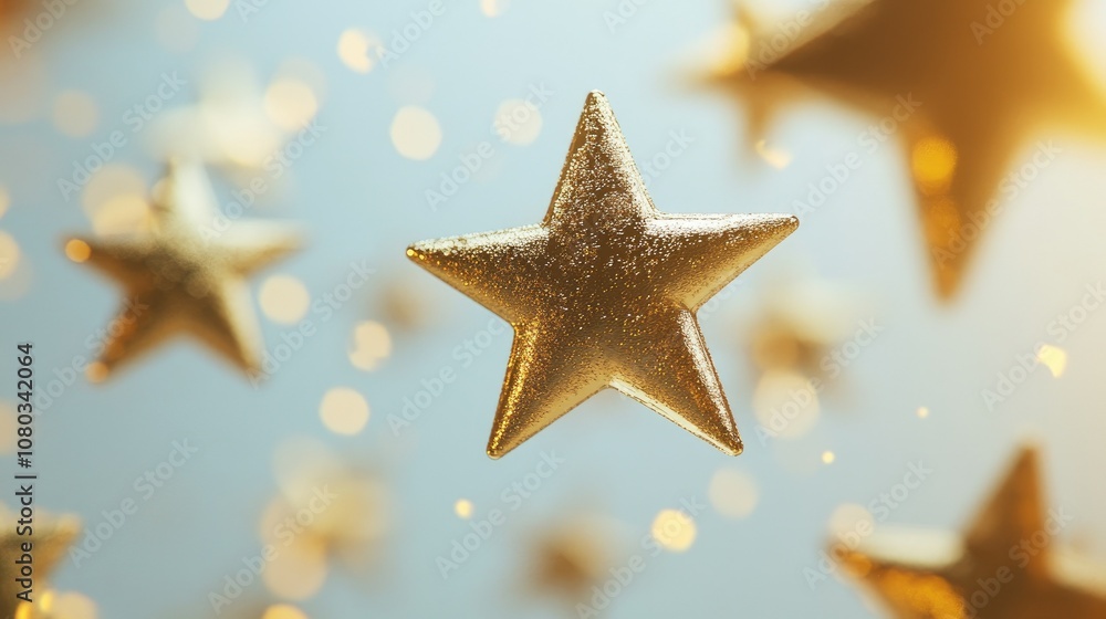 Poster golden stars floating in the air with sparkling bokeh effect creating a magical and festive atmosphe