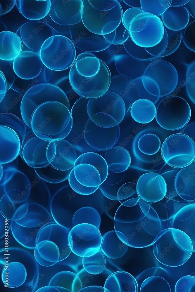 Poster abstract background of vibrant blue bubbles and circles floating in a deep blue sea, creating a calm
