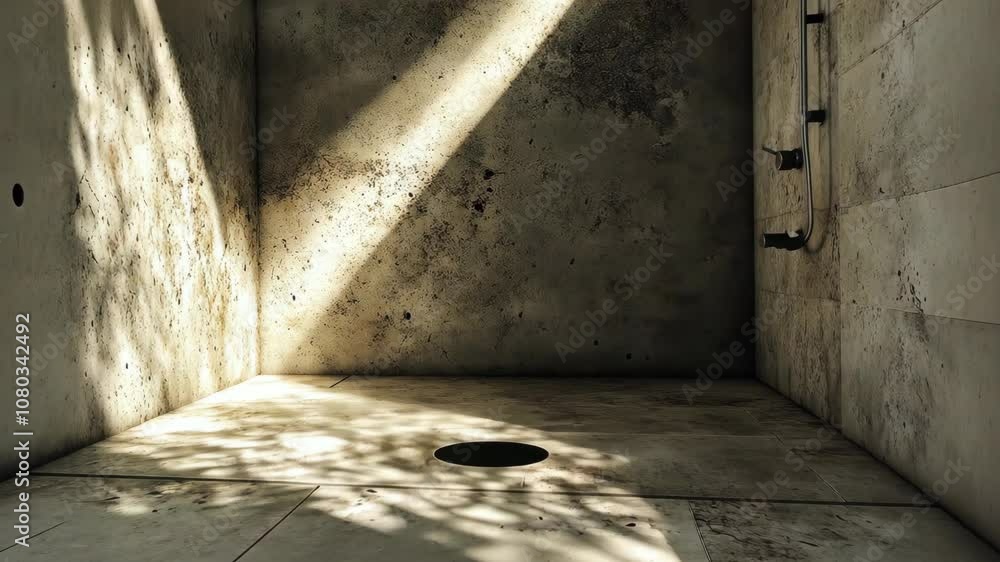 Poster sunlight streams through a small window, illuminating a concrete room with a single drain in the flo