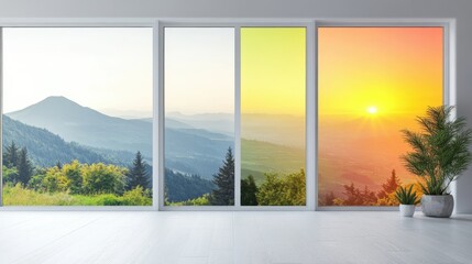 Serene Mountain Landscape View Through Large Windows with Colorful Sunset and Vibrant Nature, Perfect for Home Decor and Inspirational Backgrounds