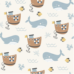 Marine seamless pattern with a cute boats. Childish illustration. Sea seamless pattern. Little ships, fishes and cute whale on a light background. Nautical pattern for kids fabric, textile.