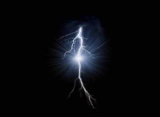 A single bolt of lightning strikes down through a dark, stormy sky, illuminating the clouds with a bright, white light.
