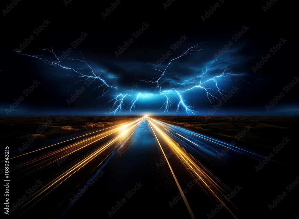 Poster a long, straight highway illuminated by streaks of lightning and speeding headlights.