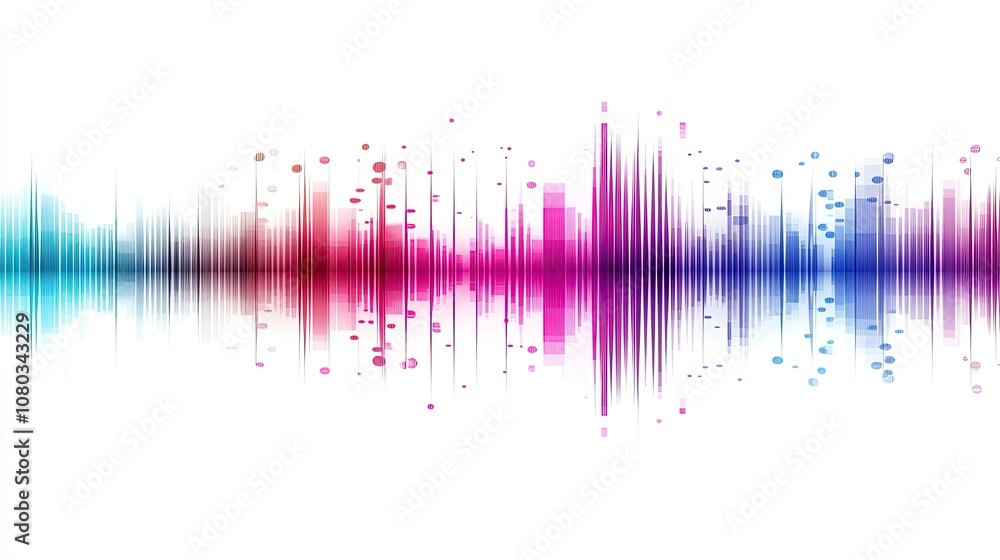 Poster abstract digital sound wave visualization with vibrant colors representing audio frequencies and rhy
