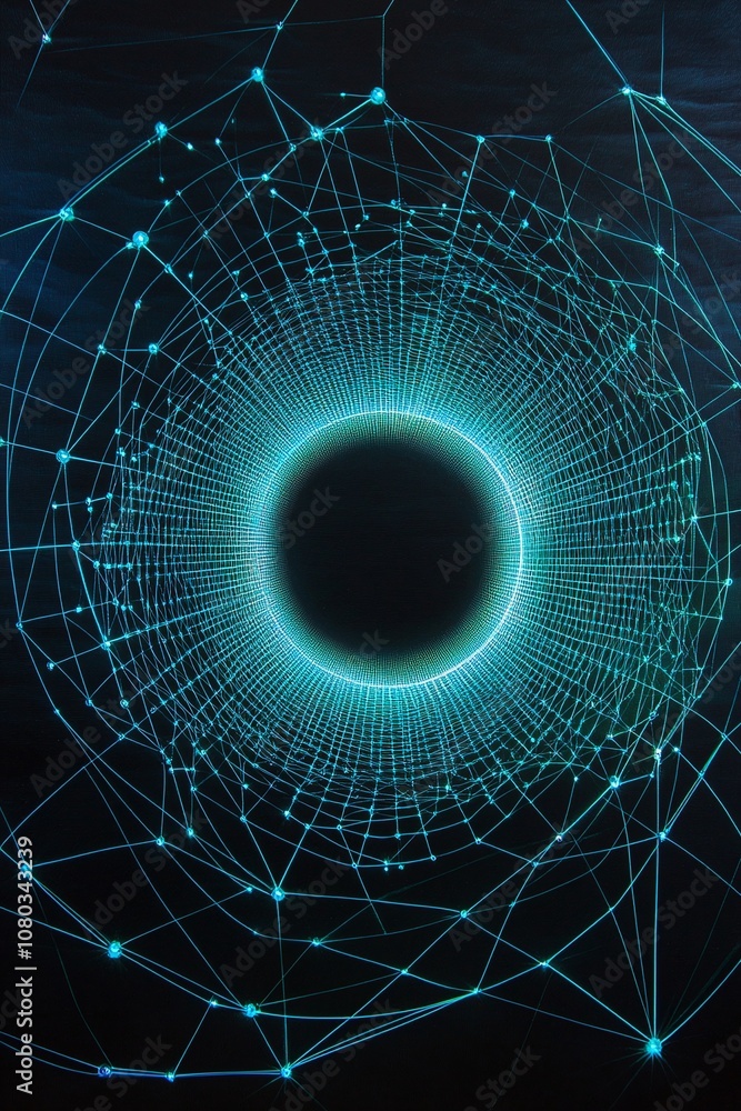 Poster abstract blue circular mesh network design with connected nodes and lines representing digital data 