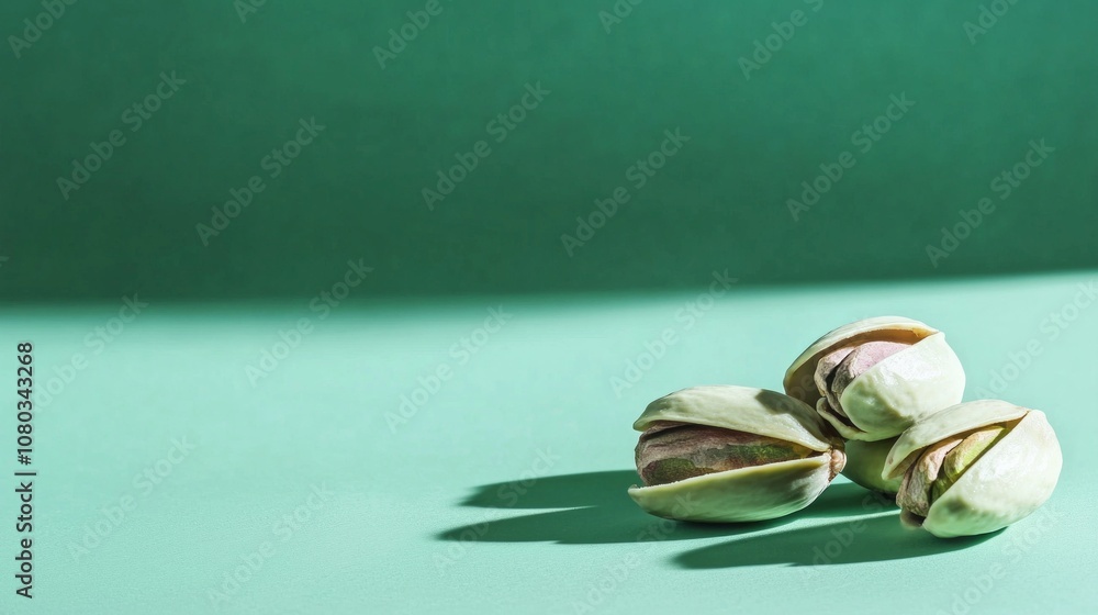 Poster three pistachios are placed vibrant green background highlighted low key contour lighting emphasizin