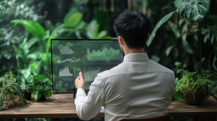 A businessman at a wooden table in a natural-themed office, reviewing an ESG chart that includes graphs on sustainable energy and corporate environmental responsibility, with green