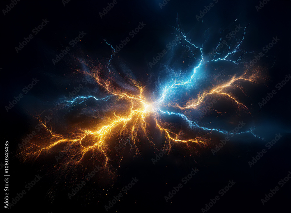 Poster clashing streaks of blue and orange lightning illuminate the dark background, symbolizing opposing f