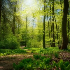Fototapeta premium A green forest is a lush, vibrant woodland teeming with life. Towering trees, dense foliage, and a variety of wildlife create a serene, refreshing environment filled with natural beauty