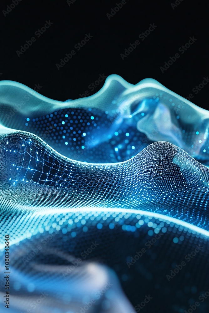 Poster abstract blue digital waves with glow and particle light effects in a high-tech aesthetic, creating 