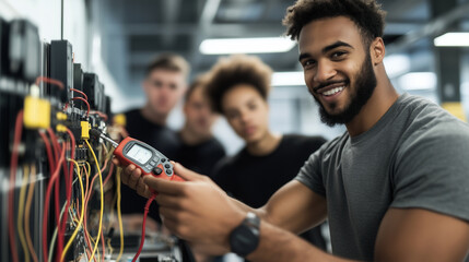 A group of cheerful electrician students collaborating on a wiring board, with one student holding a multimeter and others watching closely in a vibrant vocational training setting