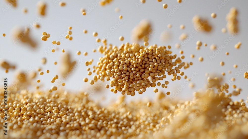 Poster floating quinoa groats are captured separately emphasizing their individual grain structure and uniq